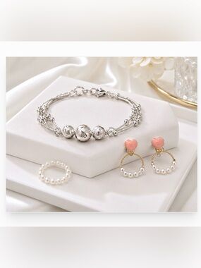 Silver Multi-Strand Bracelet + Pearl Ring & Pink Heart Earrings Gift Set